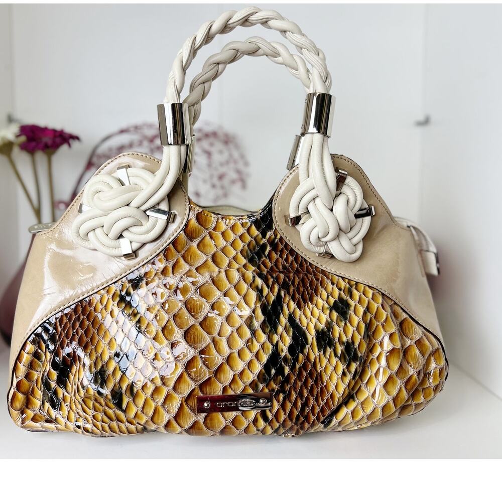 Cromia Genuine Tan Leather‎ and Snakeskin Animal Print Hobo Purse Handbag